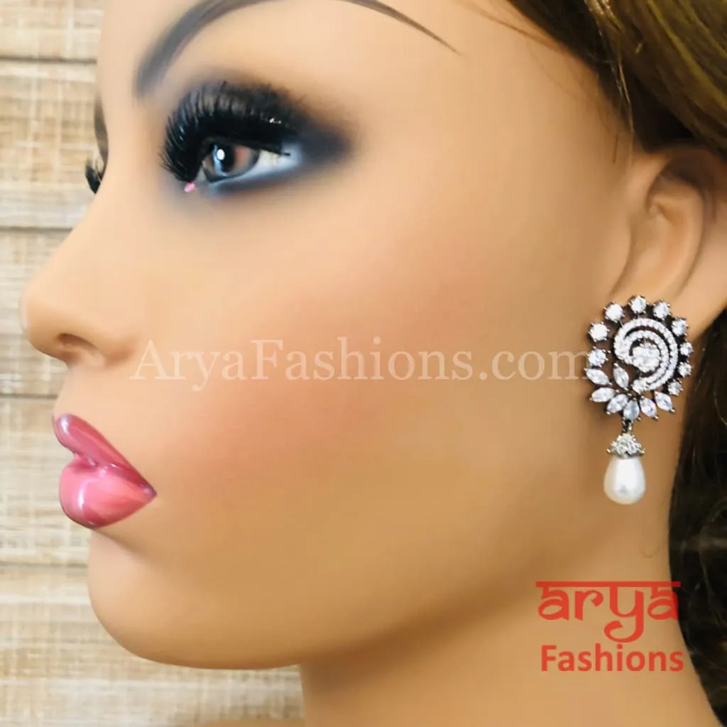 Silver CZ Earrings with Pearl Drops/ Designer CZ Indian Earrings