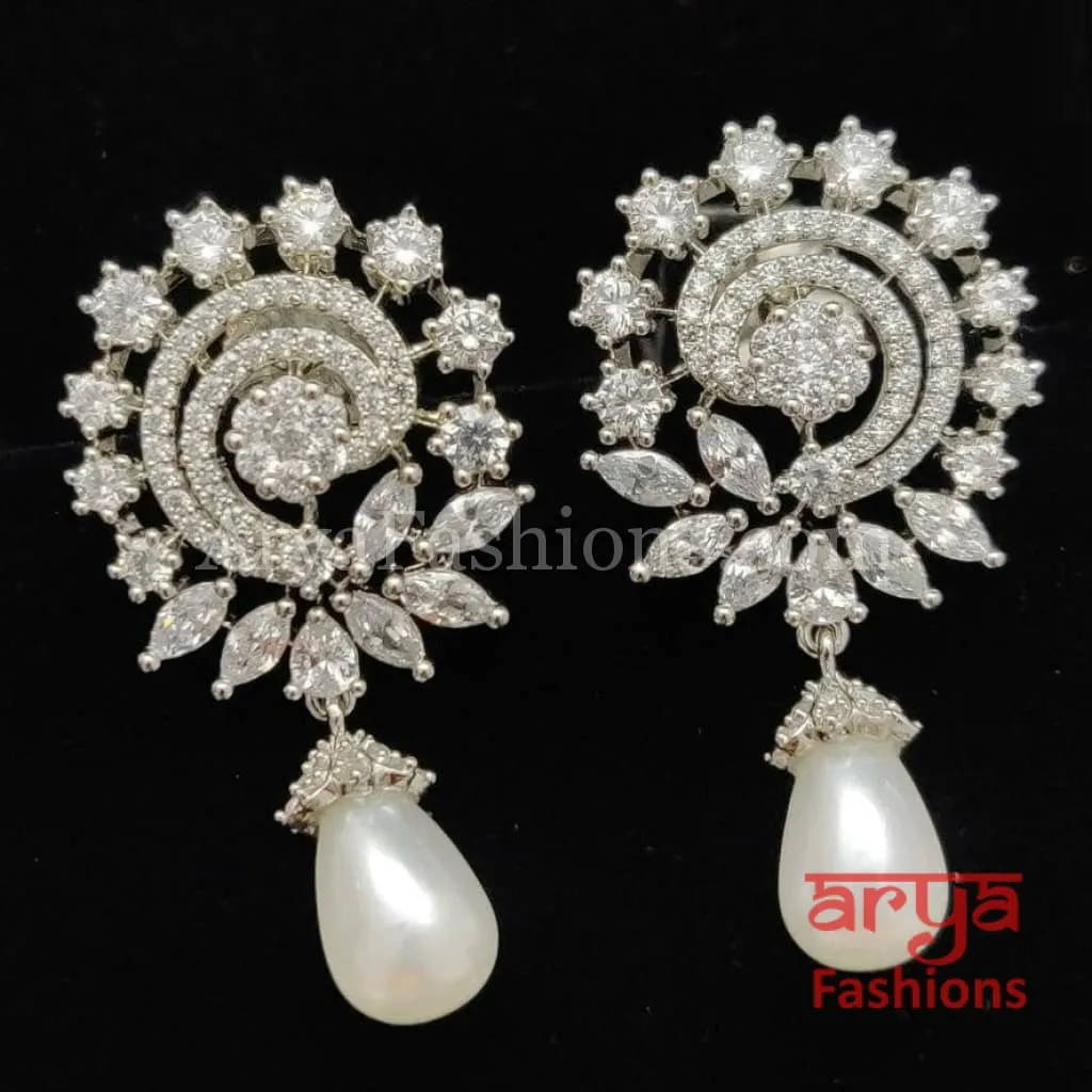 Silver CZ Earrings with Pearl Drops/ Designer CZ Indian Earrings