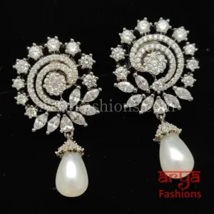 Silver CZ Earrings with Pearl Drops/ Designer CZ Indian Earrings