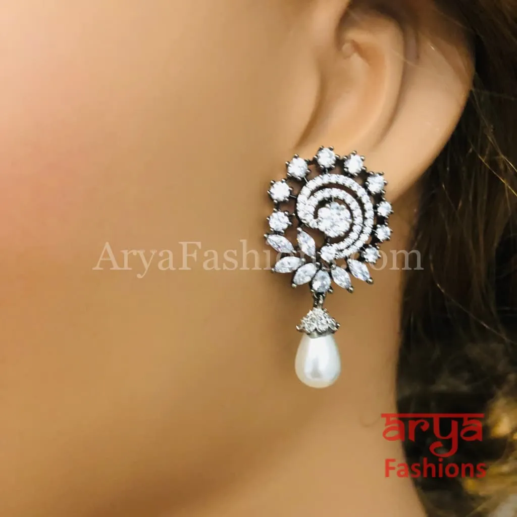 Silver CZ Earrings with Pearl Drops/ Designer CZ Indian Earrings