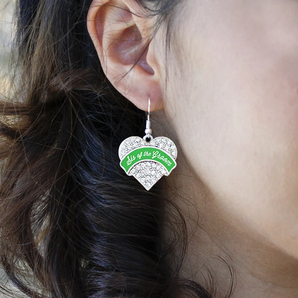 Silver Emerald Green Sis of the Groom Pave Heart Charm Dangle Earrings