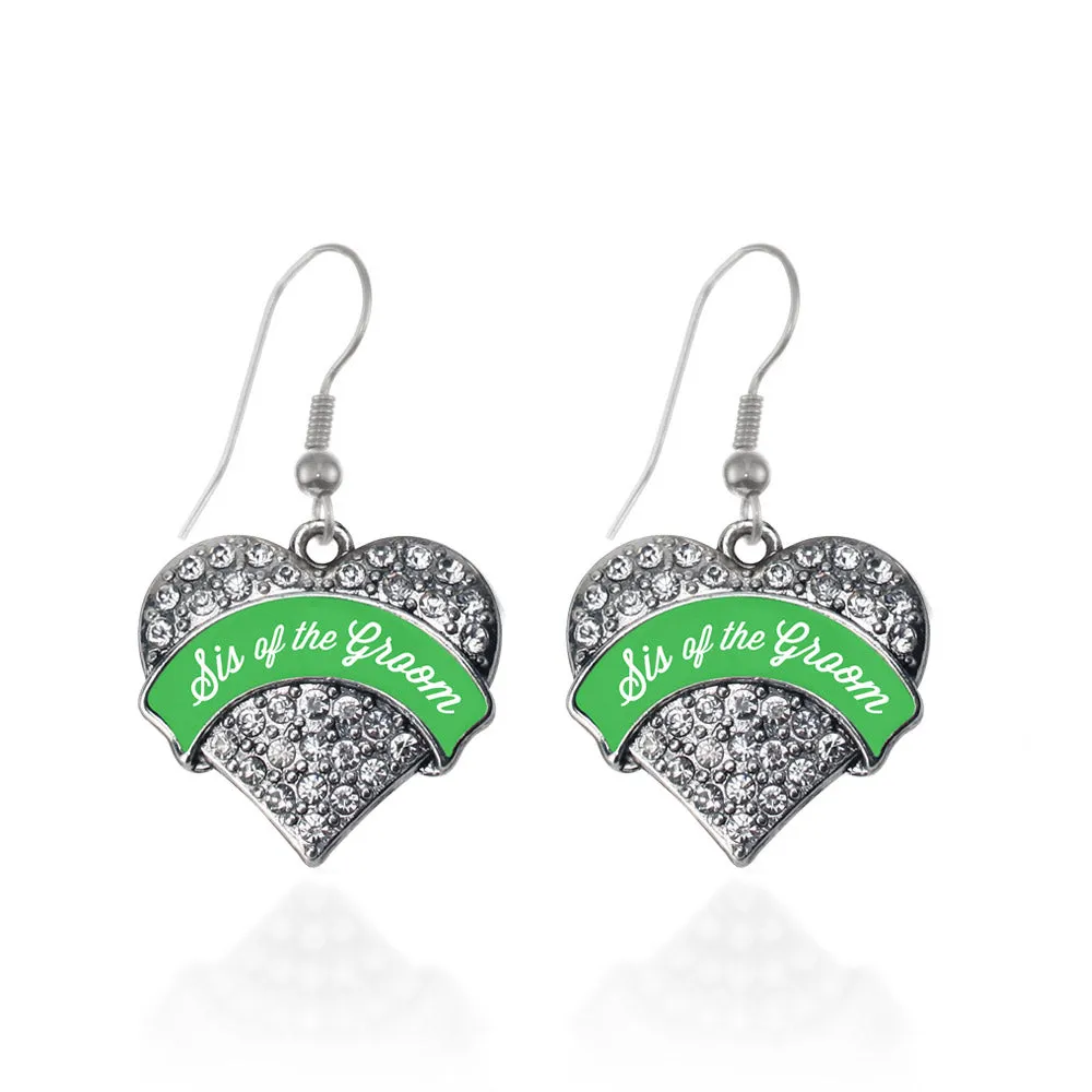 Silver Emerald Green Sis of the Groom Pave Heart Charm Dangle Earrings