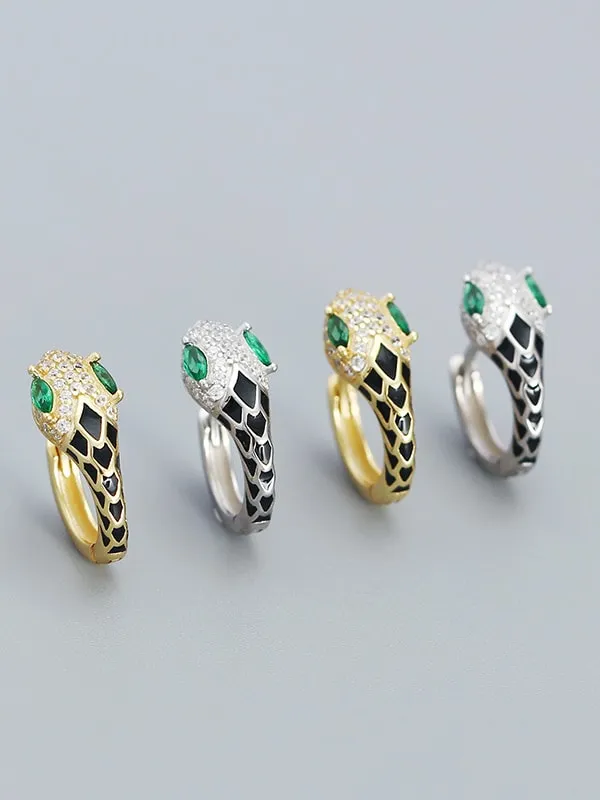 Snake Earrings 925 Sterling Silver 18K Gold Plated Green Zircon Enamel Women's Fine Jewelry