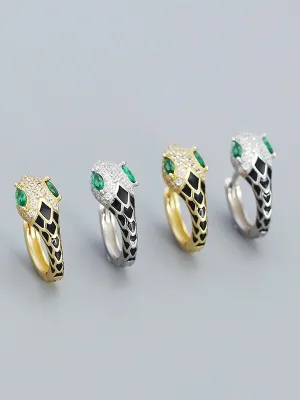 Snake Earrings 925 Sterling Silver 18K Gold Plated Green Zircon Enamel Women's Fine Jewelry