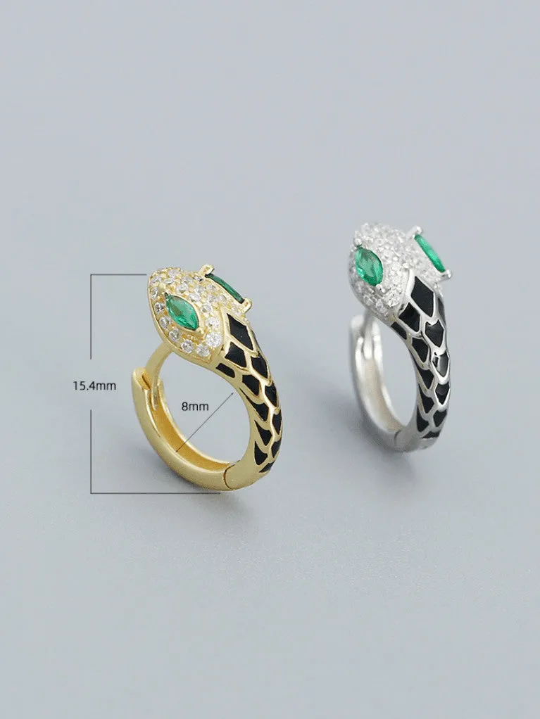 Snake Earrings 925 Sterling Silver 18K Gold Plated Green Zircon Enamel Women's Fine Jewelry