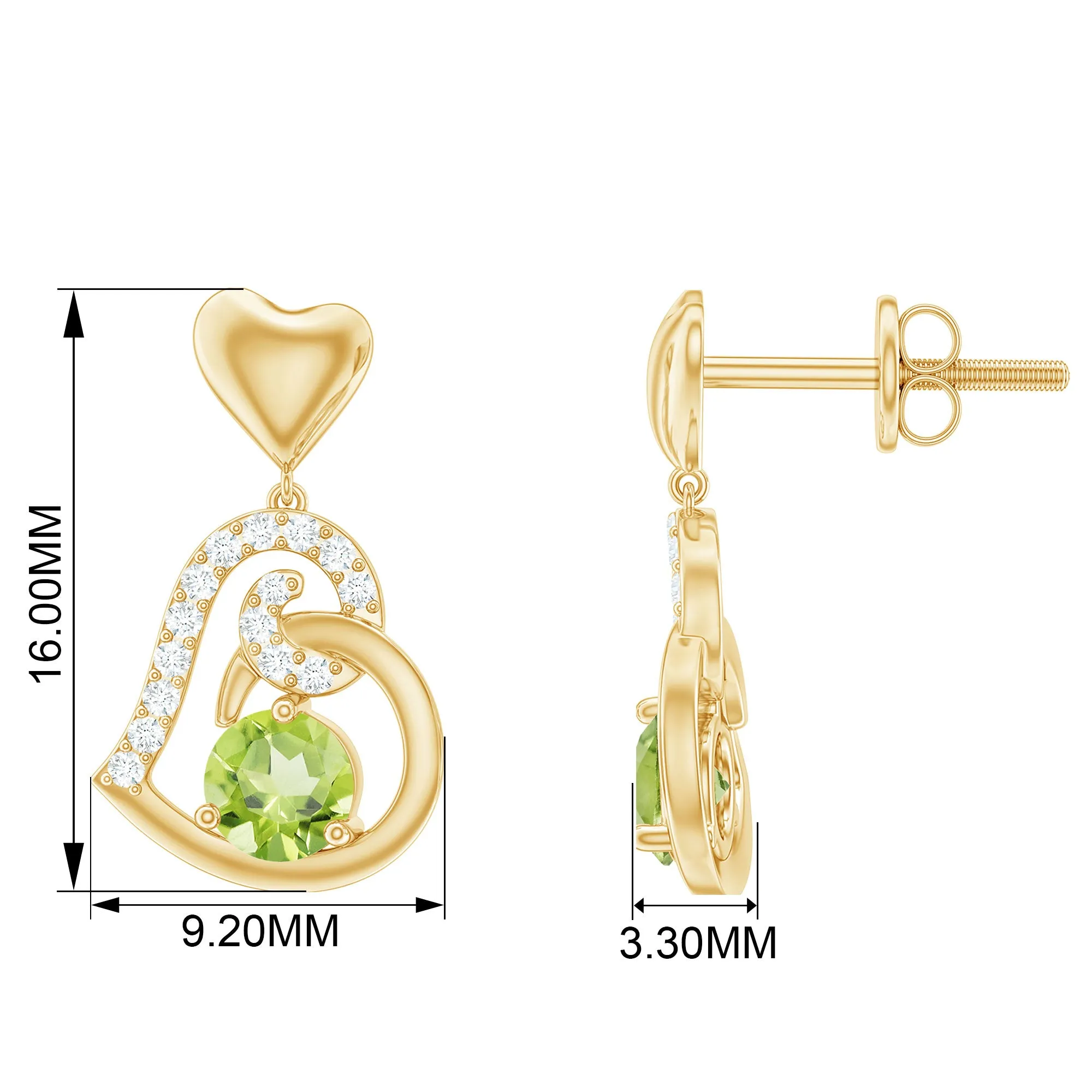 Solitaire Peridot Heart Drop Earrings with Diamond Accent