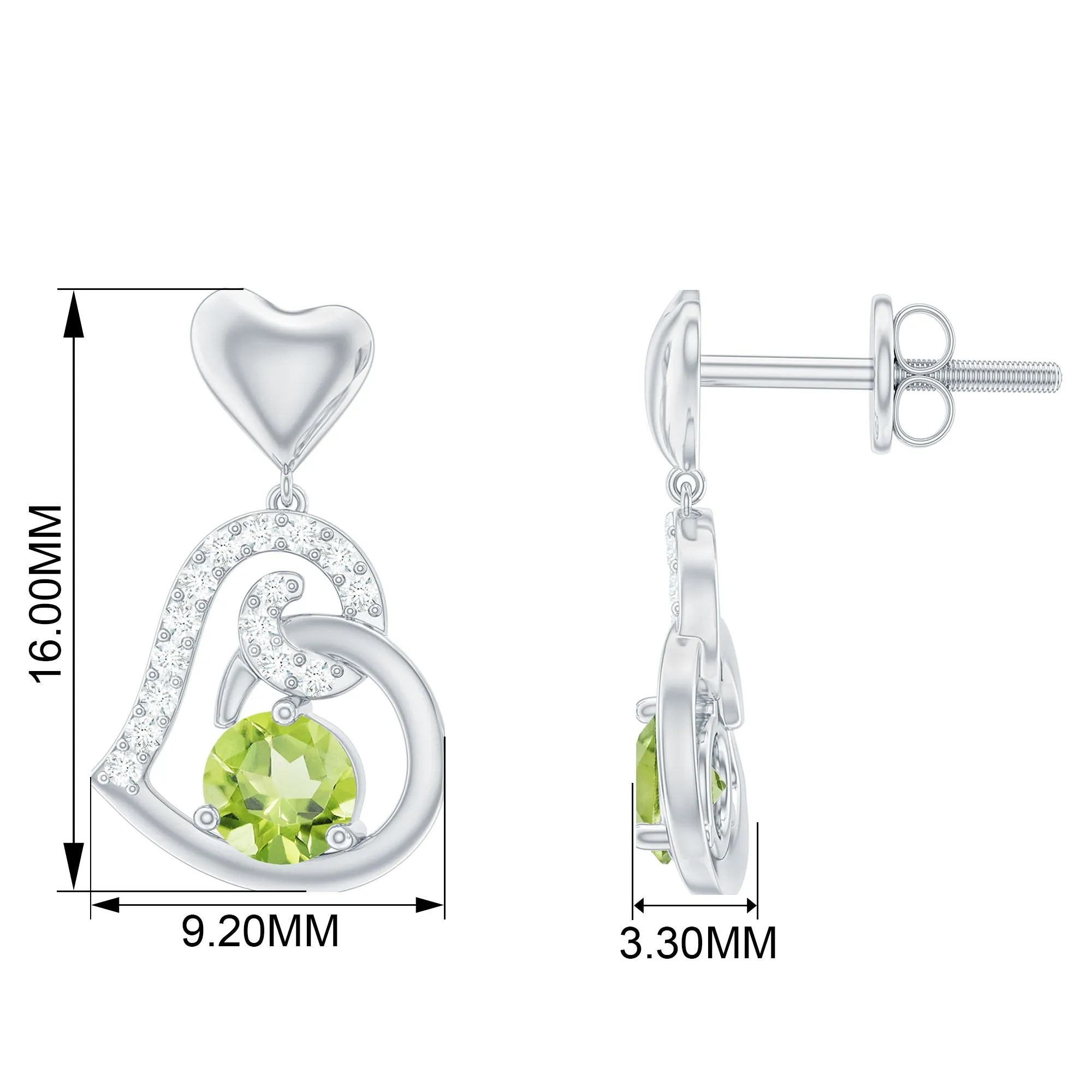 Solitaire Peridot Heart Drop Earrings with Diamond Accent