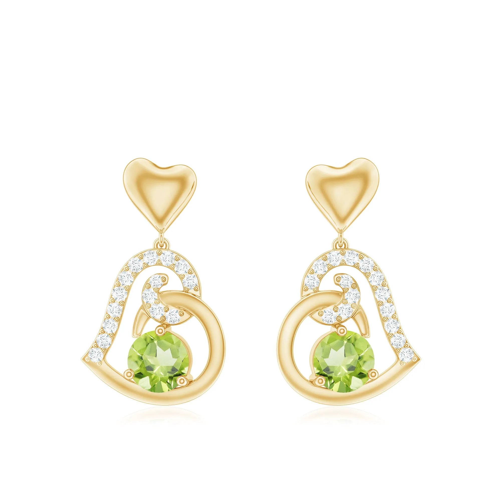 Solitaire Peridot Heart Drop Earrings with Diamond Accent