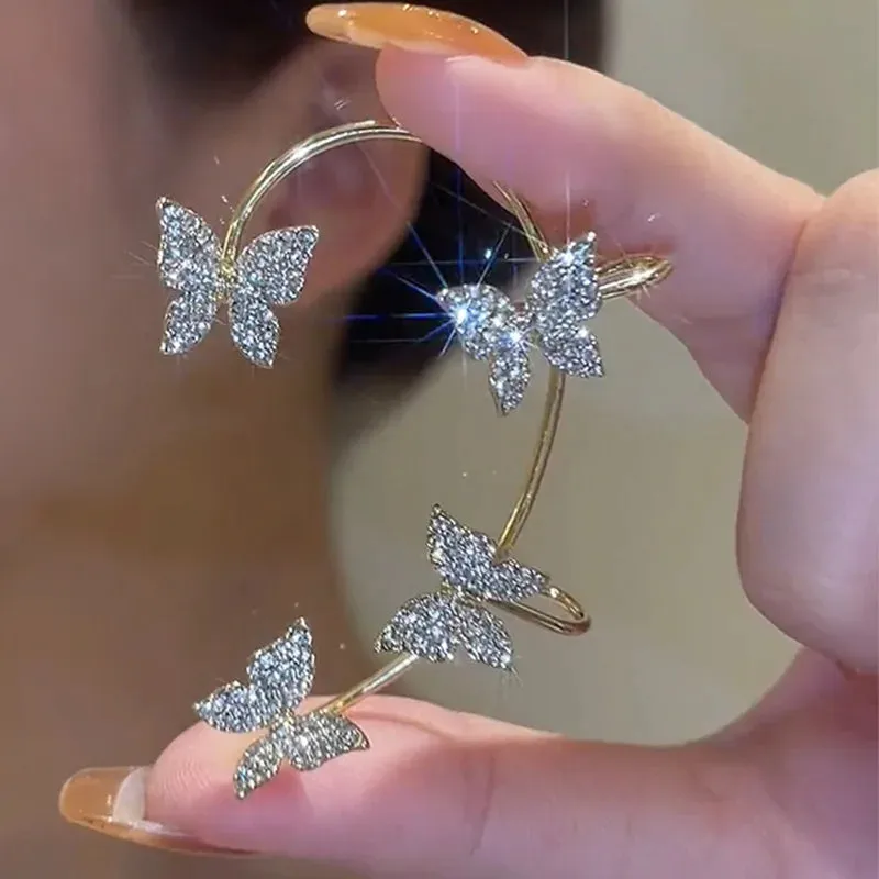 Sparkling Zircon Flower Butterfly Ear Bone Clip for Women Without Piercing Tassel Ear Cuff Clip Earrings Wedding Jewelry