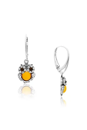 Sterling Silver Amber Owl Drop Earrings