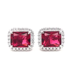 Sterling Silver Emerald Cut CZ Ruby Earrings