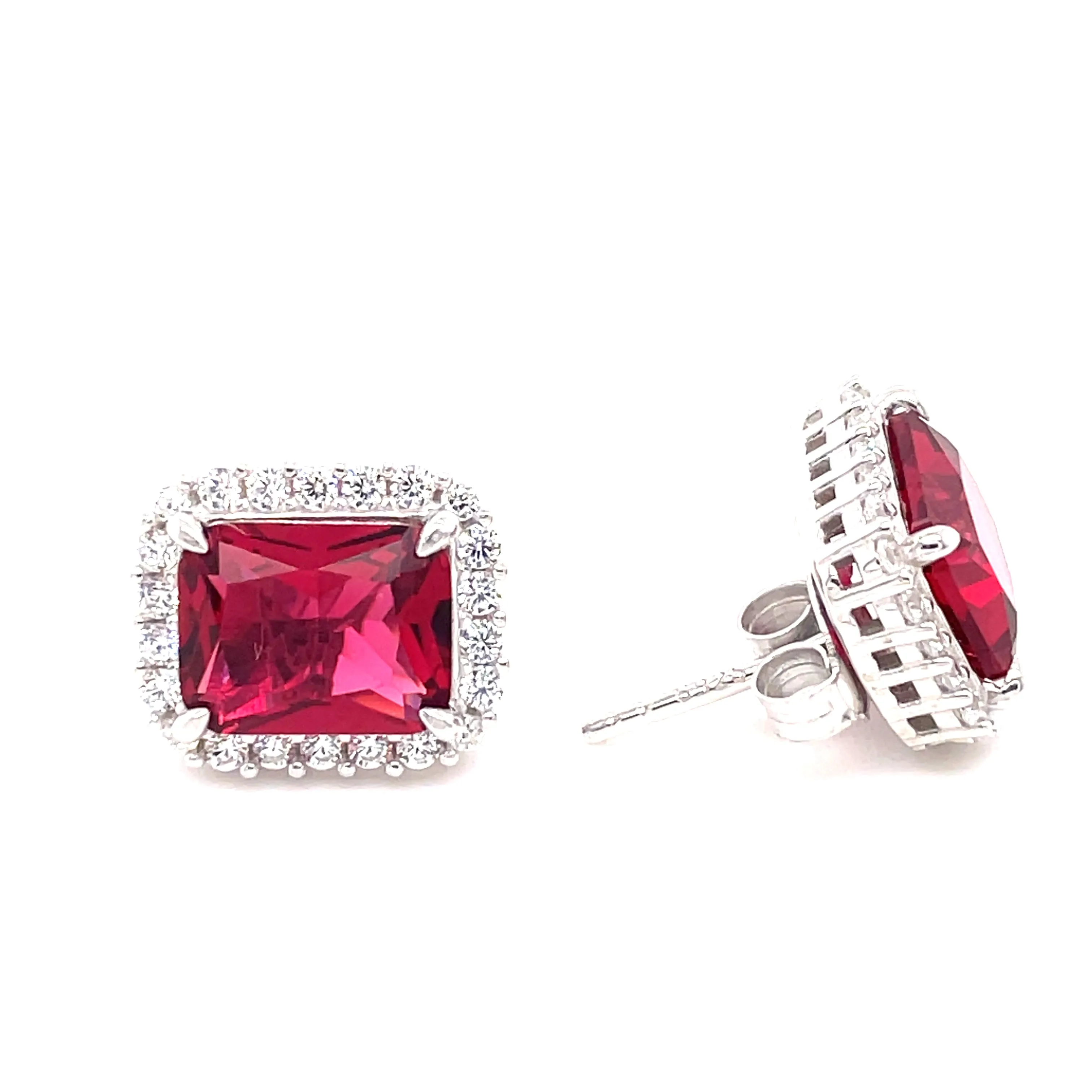 Sterling Silver Emerald Cut CZ Ruby Earrings