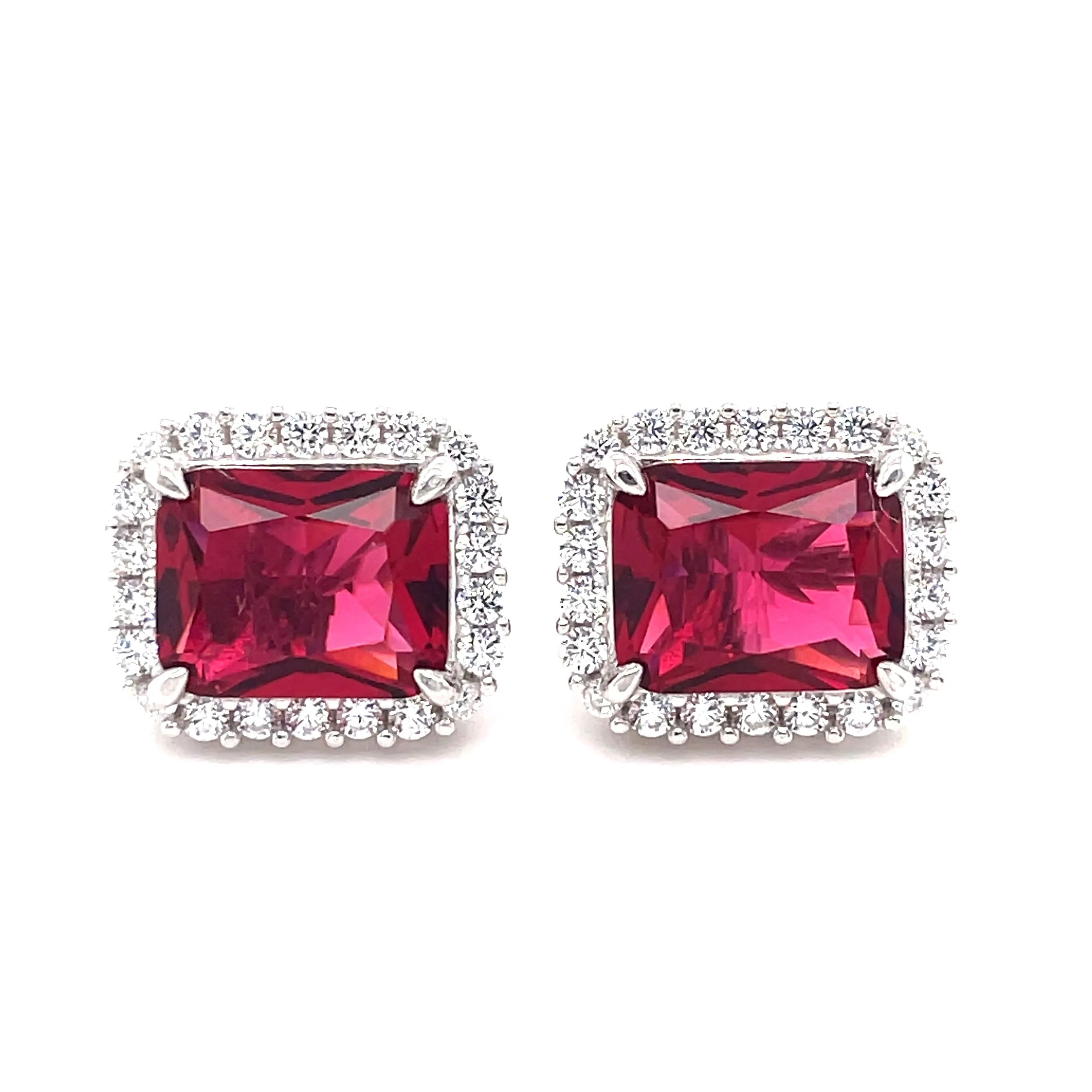 Sterling Silver Emerald Cut CZ Ruby Earrings