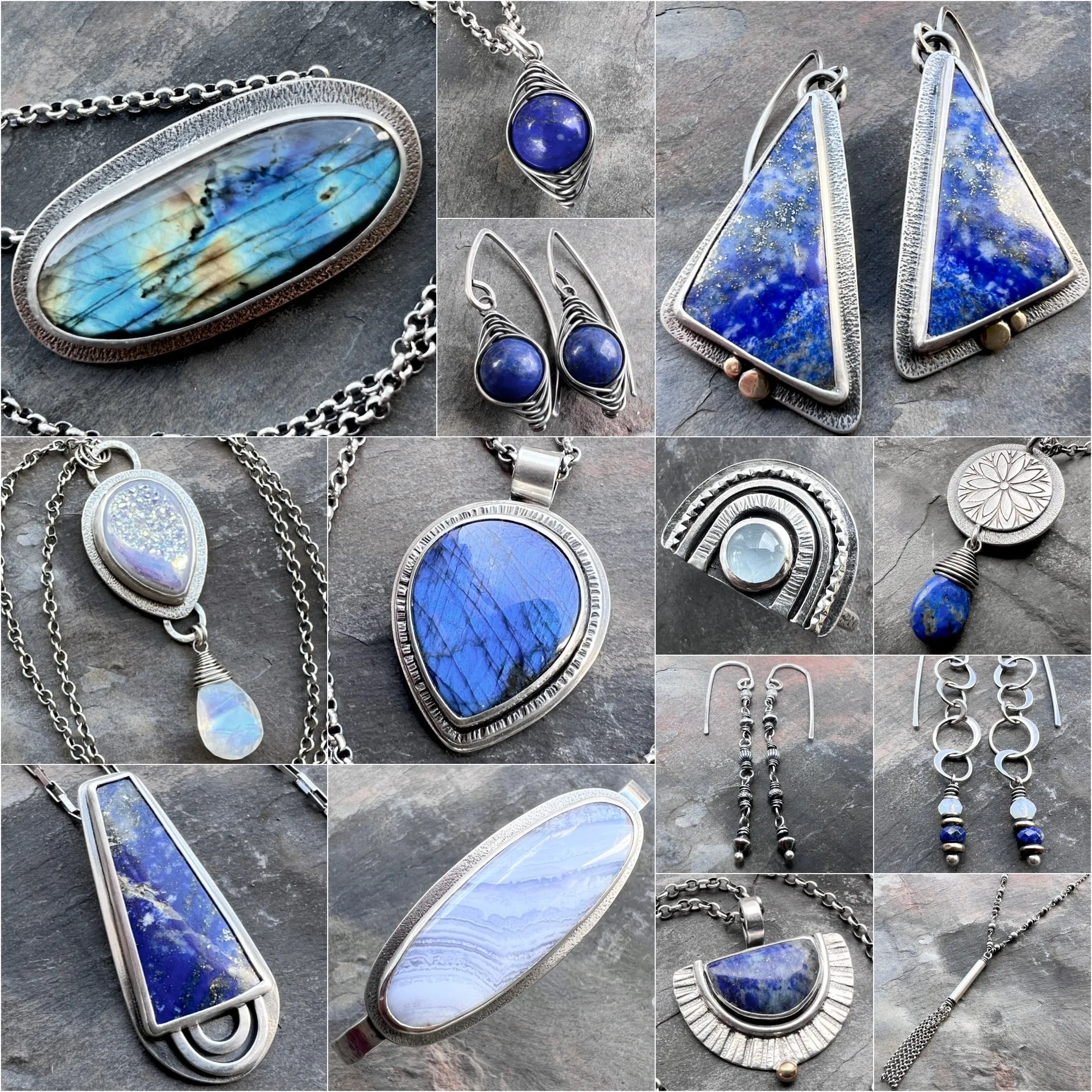 Sterling Silver Lapis Lazuli Necklace | Blue Natural Stone Half Moon Pendant