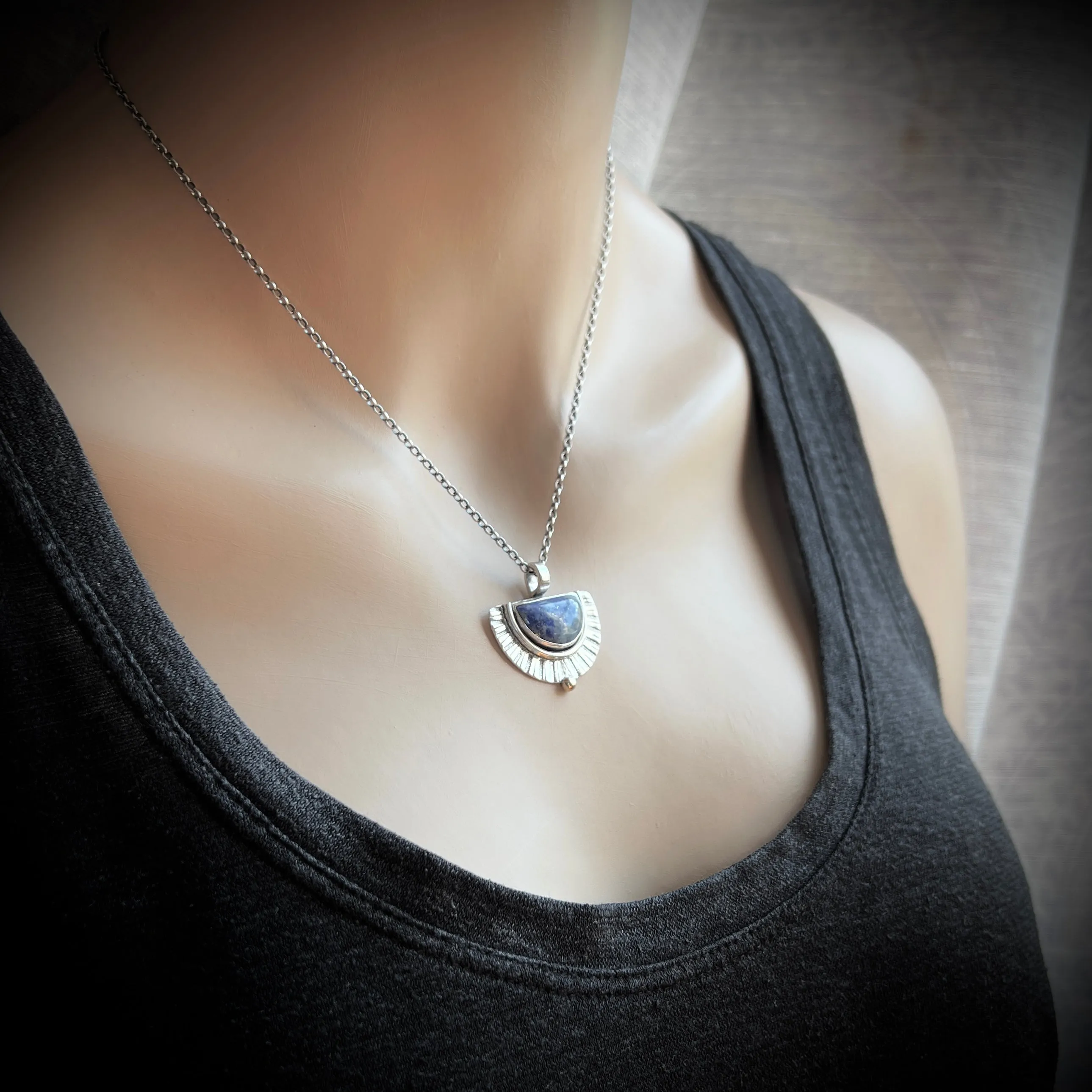 Sterling Silver Lapis Lazuli Necklace | Blue Natural Stone Half Moon Pendant