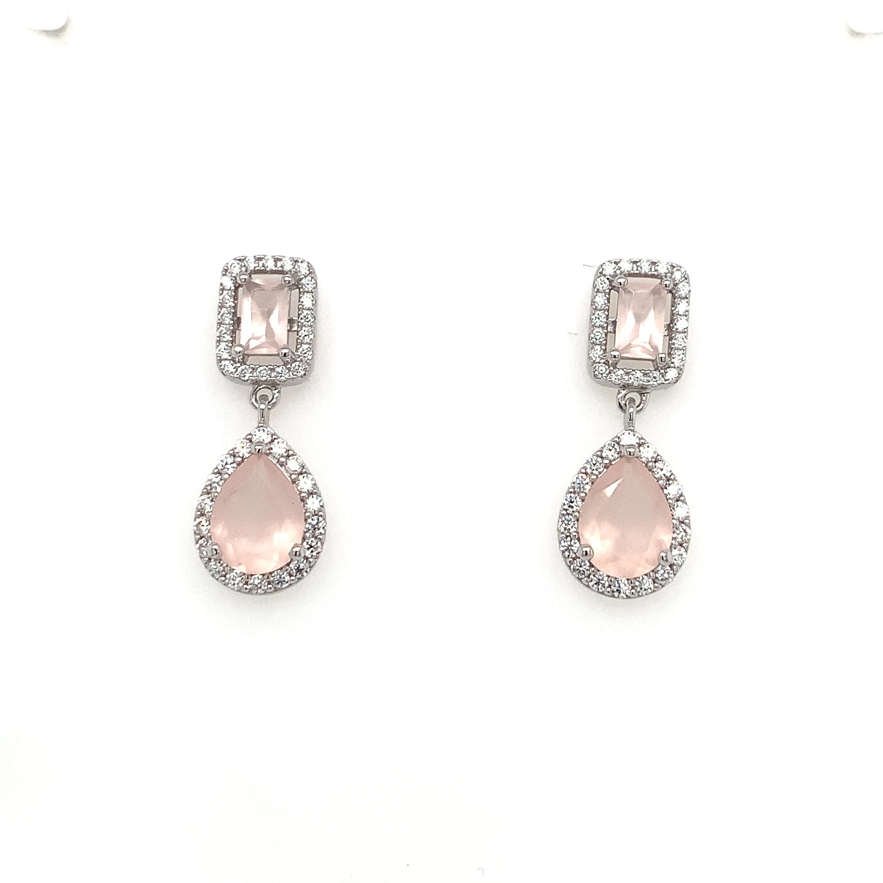 Sterling Silver Rose Pink And Cz Drop Earrings