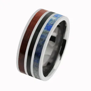 Tantalum with Koa Wood, Lapis Lazuli and Onyx Inlaid Wedding Ring Flat 10mm
