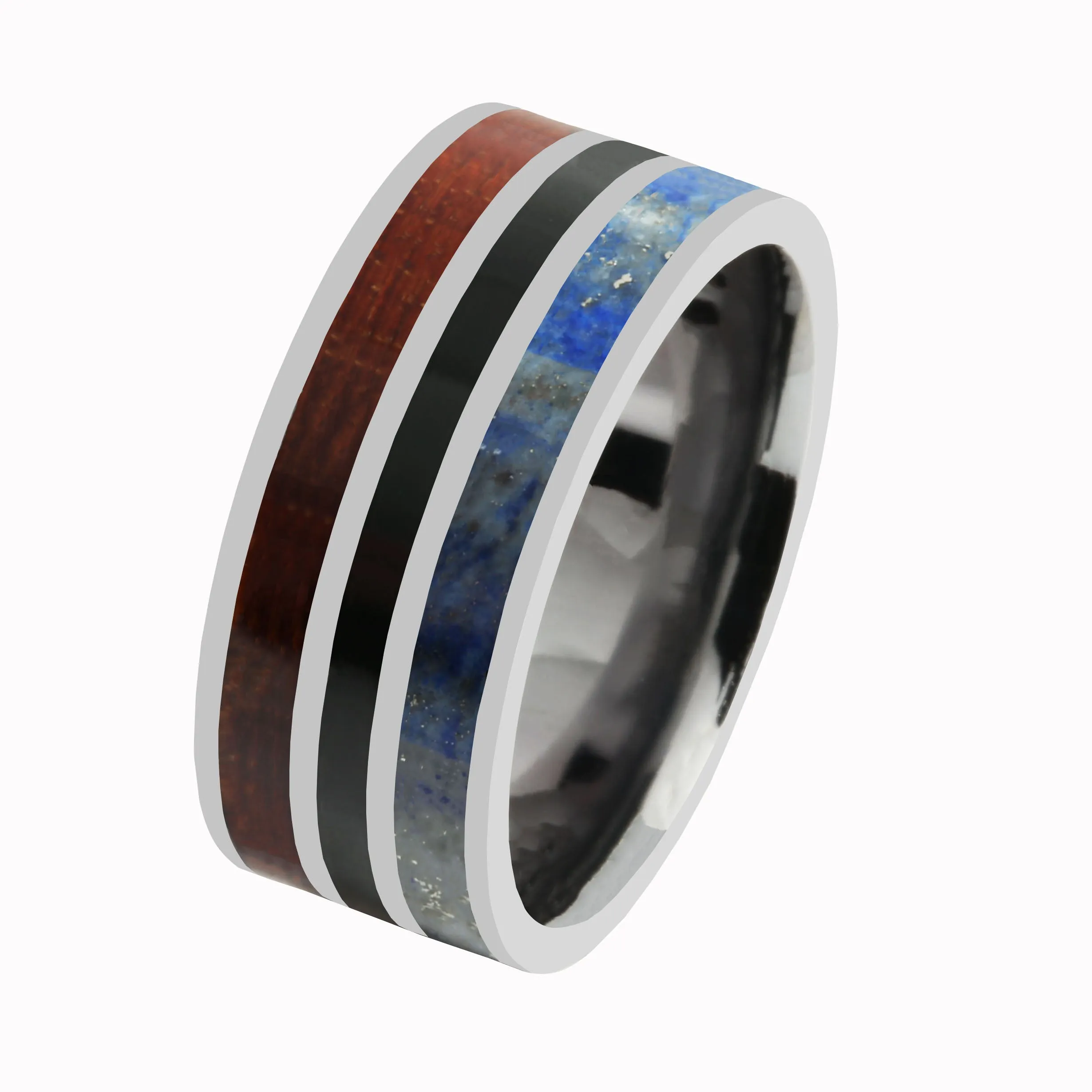 Tantalum with Koa Wood, Lapis Lazuli and Onyx Inlaid Wedding Ring Flat 10mm