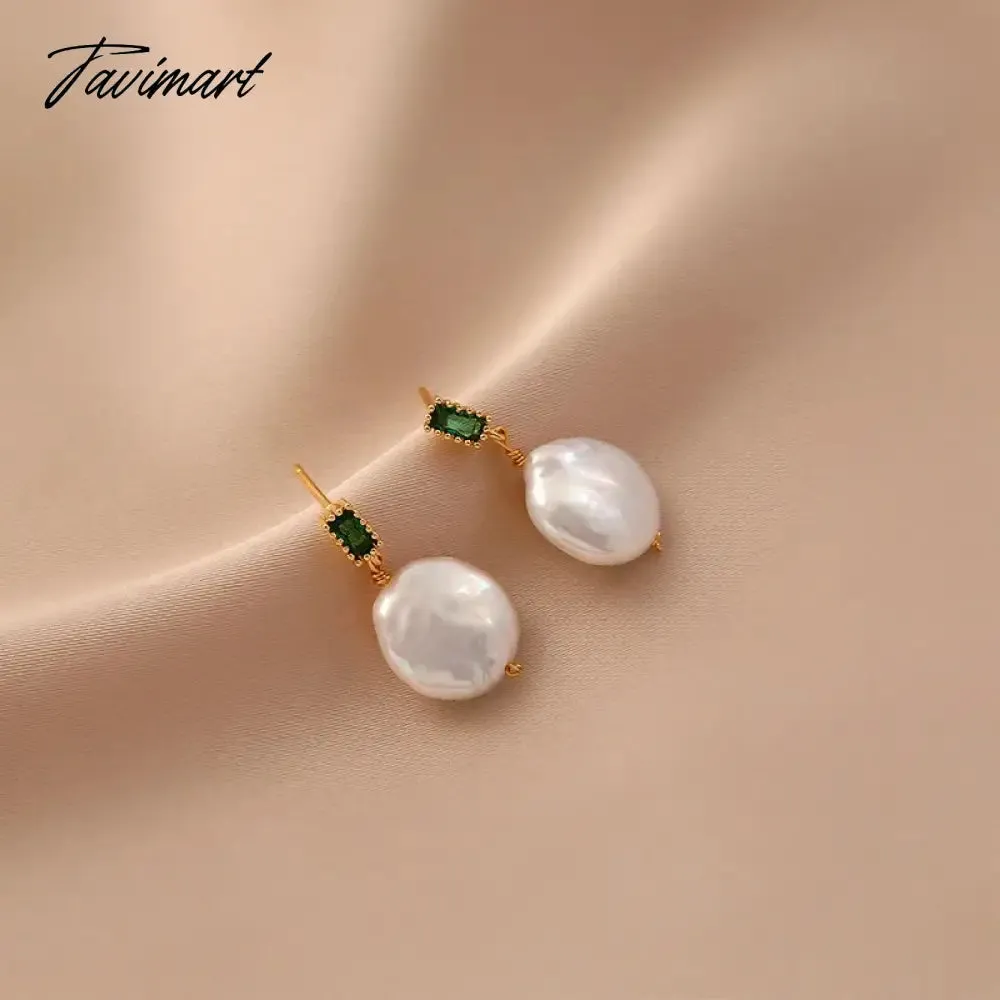 Tavimart Minar Luxury Round Freshwater Pearl Drop Earrings for Women Green Color CZ Zircon Hanging Dangle Earrings Wedding Daily Jewelry