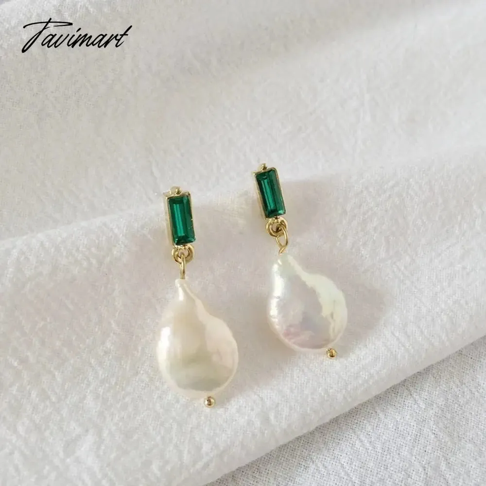 Tavimart Minar Luxury Round Freshwater Pearl Drop Earrings for Women Green Color CZ Zircon Hanging Dangle Earrings Wedding Daily Jewelry