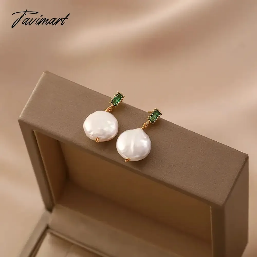 Tavimart Minar Luxury Round Freshwater Pearl Drop Earrings for Women Green Color CZ Zircon Hanging Dangle Earrings Wedding Daily Jewelry