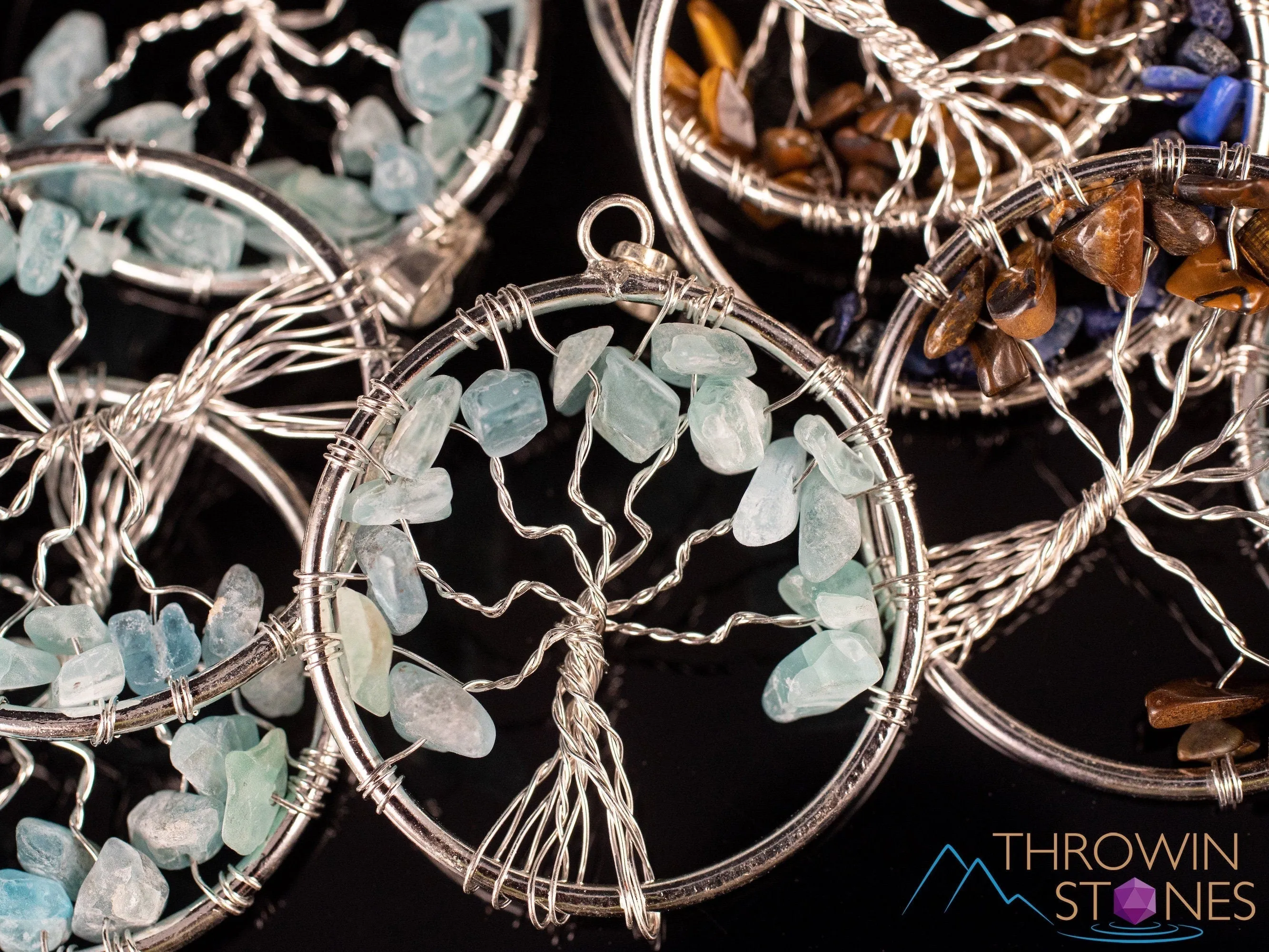 Tree of Life Pendant, Crystal Pendant - LAPIS Lazuli, TIGERS Eye, AQUAMARINE - Handmade Jewelry, Wire Wrapped Jewelry, E2004