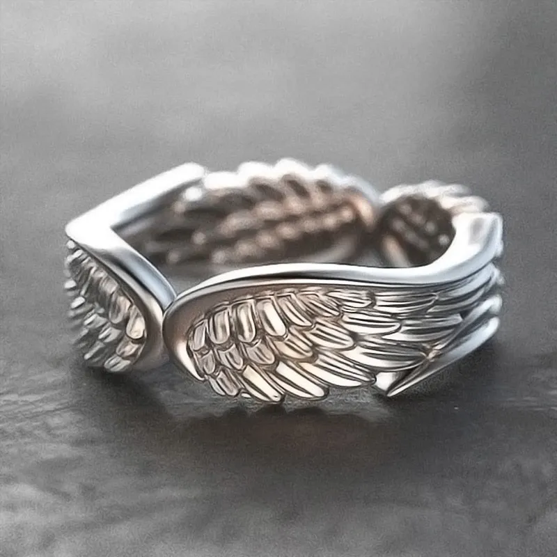 Trendy Jewelry Exaggerated Antique Silver Color Angel Wings Metal Band Ring