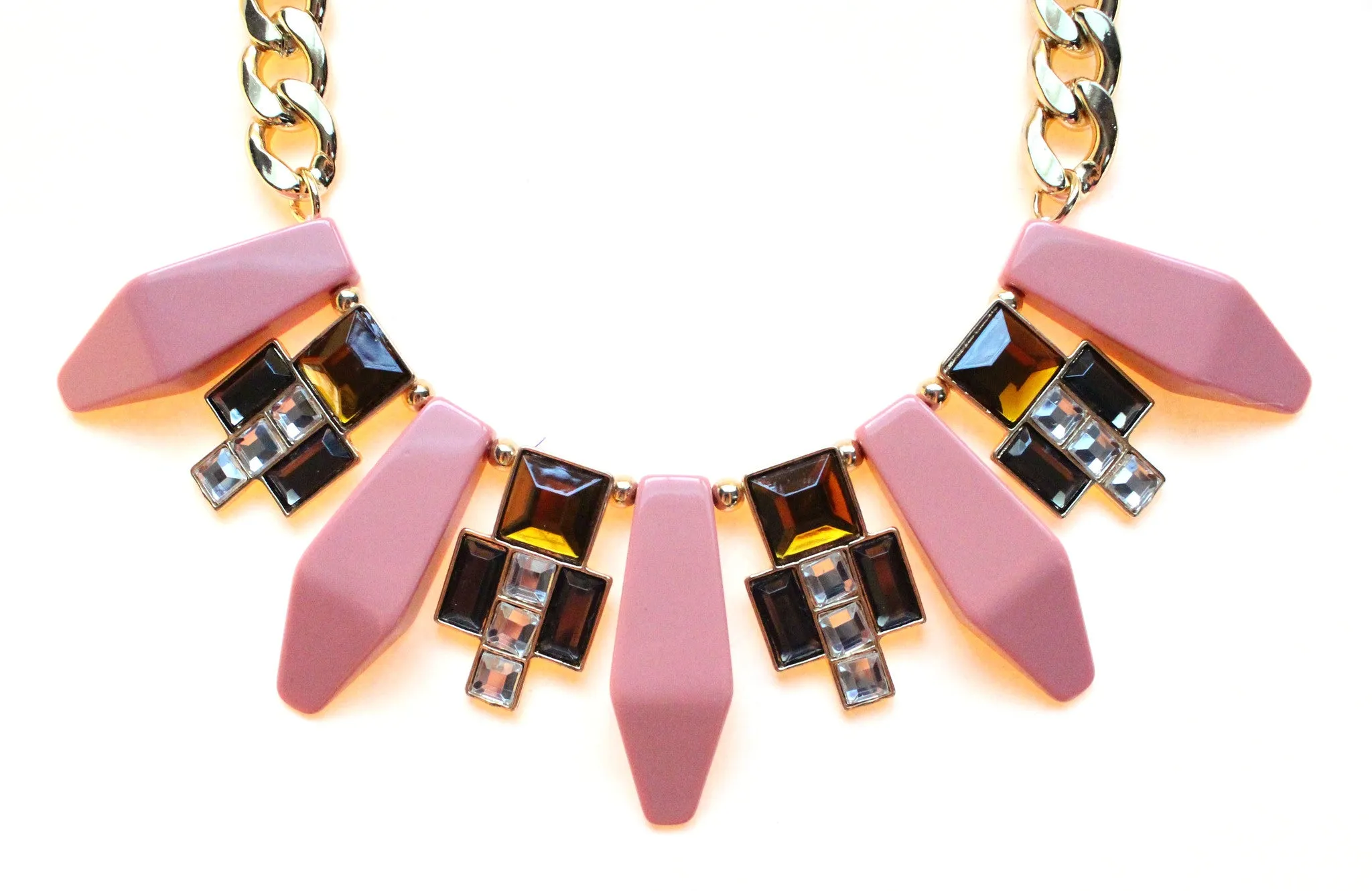 Tribal Geometric Jeweled Statement Necklace- Peach Coral