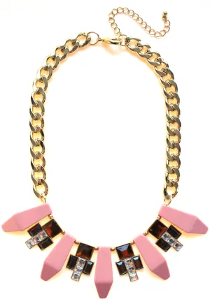 Tribal Geometric Jeweled Statement Necklace- Peach Coral