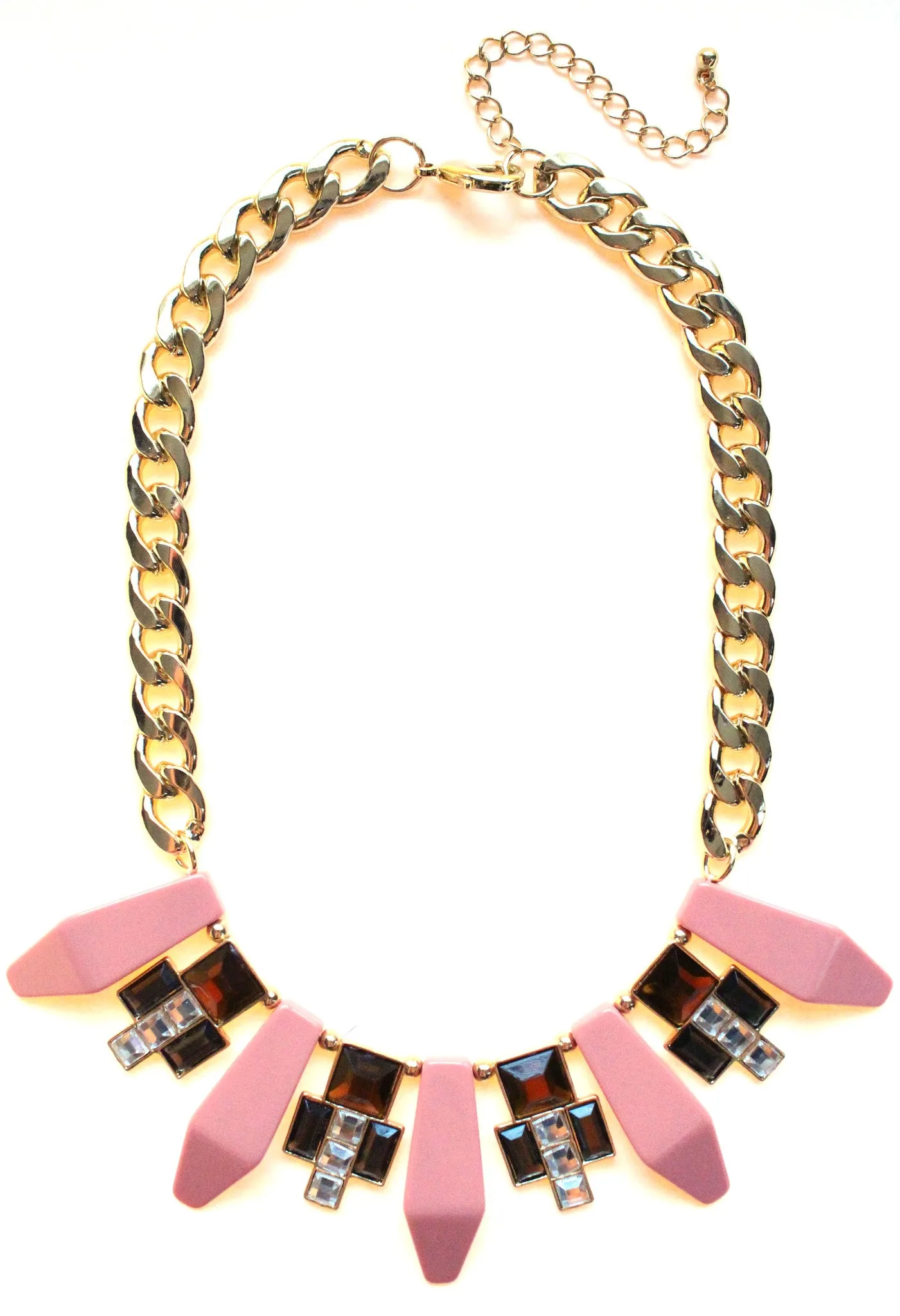 Tribal Geometric Jeweled Statement Necklace- Peach Coral
