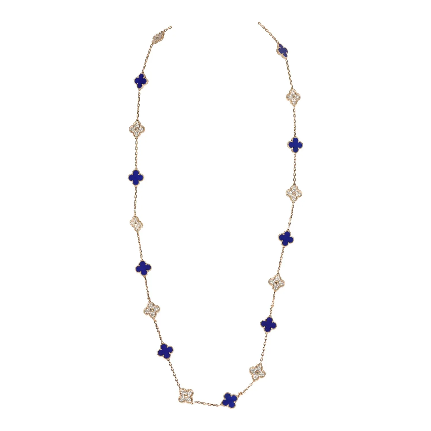 Van Cleef & Arpels Vintage Alhambra 20 Motif Necklace Lapis Lazuli Diamonds & Yellow 18K Gold Hardware