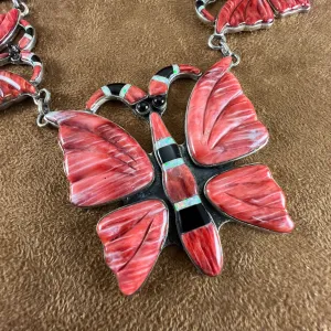Vintage 26" Inlaid Orange Spiny Sterling Silver Necklace Butterfly by Kirk Smith - Estate Jewelry