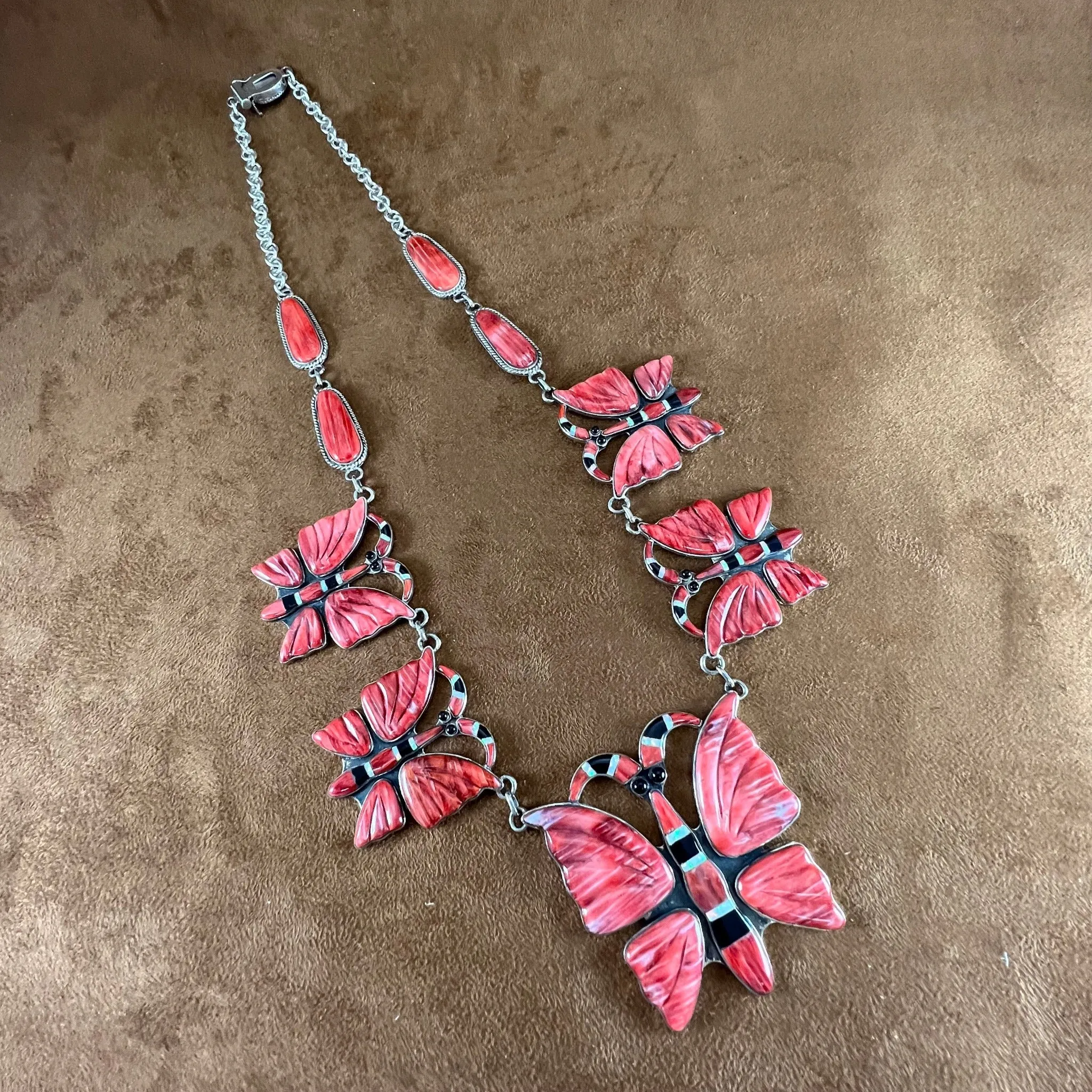 Vintage 26" Inlaid Orange Spiny Sterling Silver Necklace Butterfly by Kirk Smith - Estate Jewelry