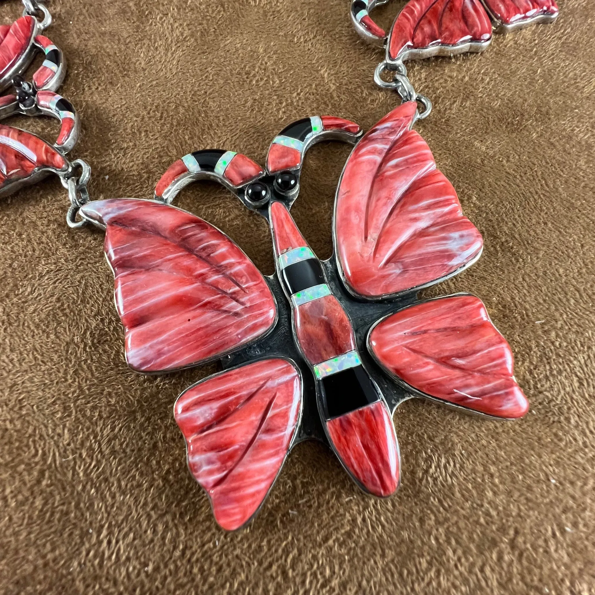 Vintage 26" Inlaid Orange Spiny Sterling Silver Necklace Butterfly by Kirk Smith - Estate Jewelry