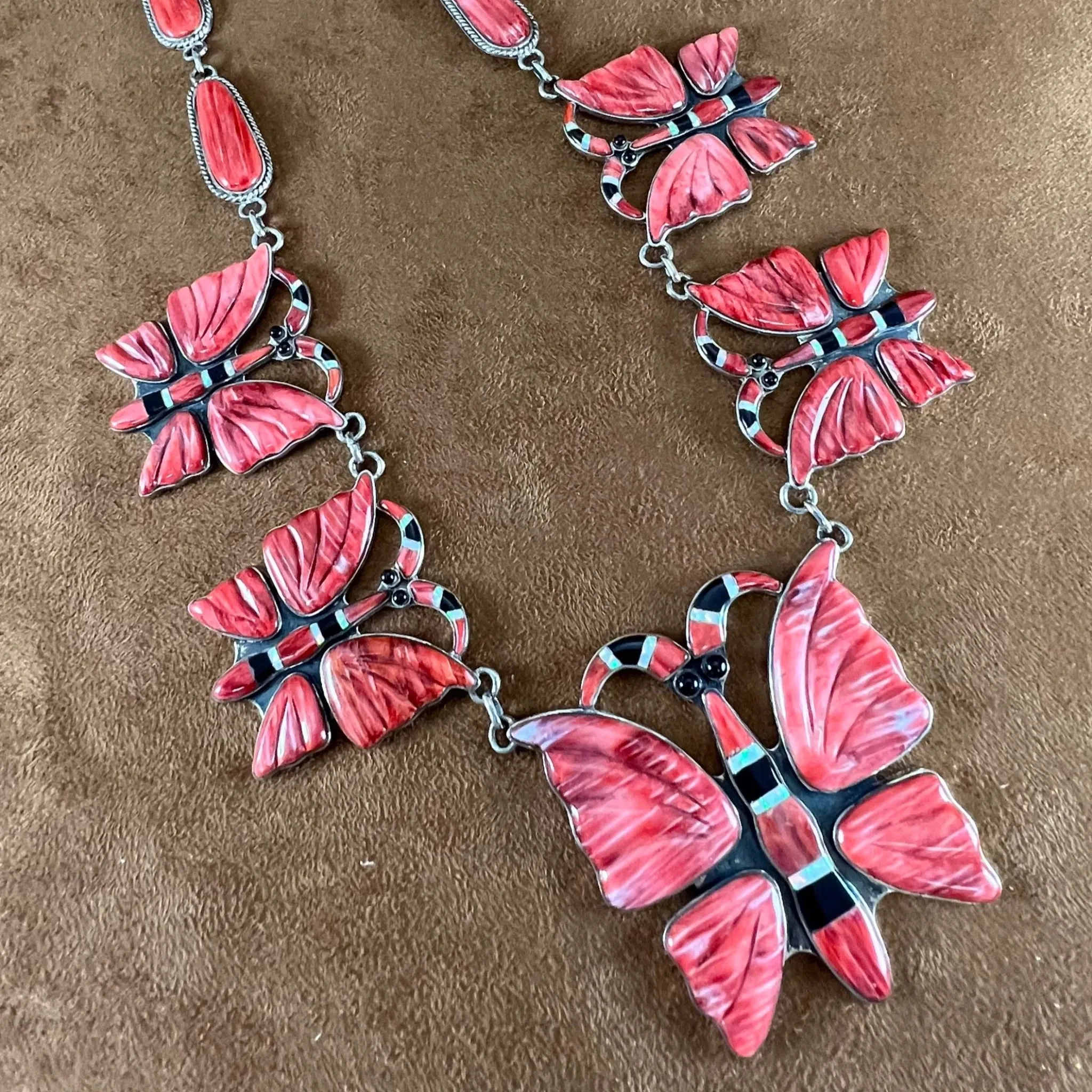Vintage 26" Inlaid Orange Spiny Sterling Silver Necklace Butterfly by Kirk Smith - Estate Jewelry