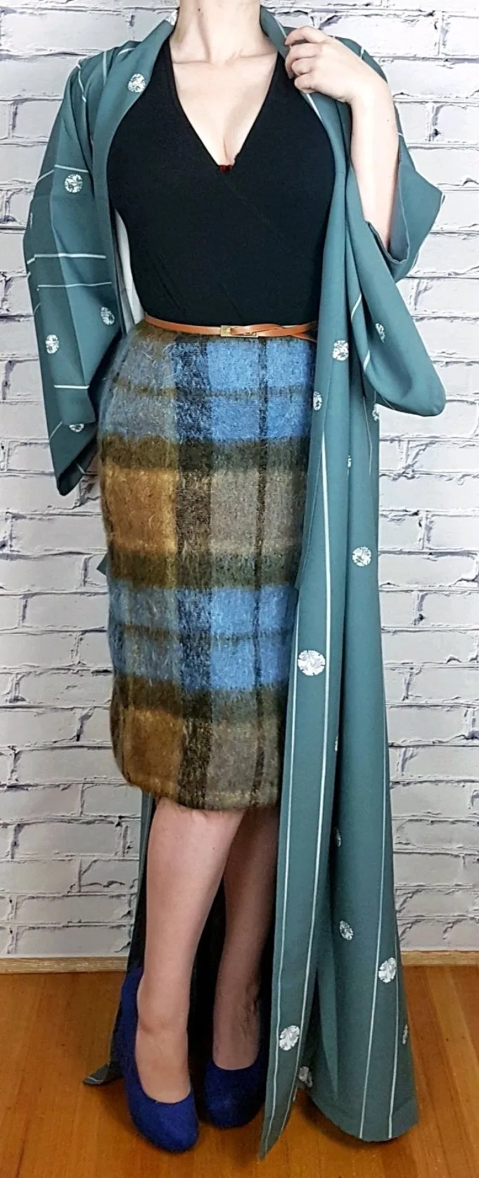 Vintage 80's Slate Grey-Blue Full Length Japanese Kimono