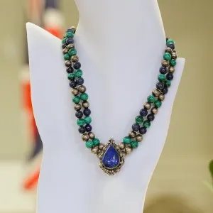 Vintage Carol Felley Sterling Silver Lapis Lazuli & Malachite Necklace- 16"