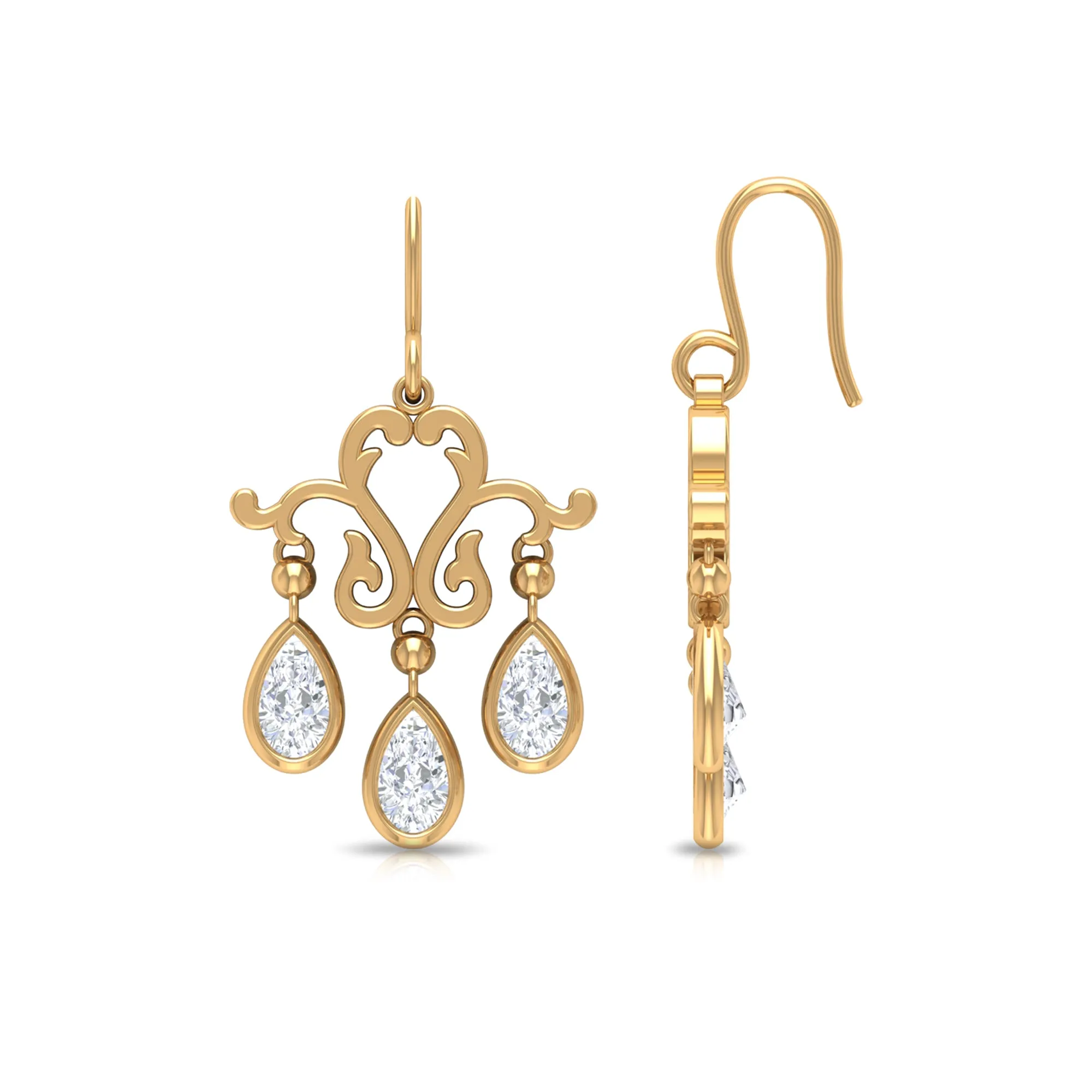 Vintage Inspired Pear Shape Zircon Dangle Earrings in Gold