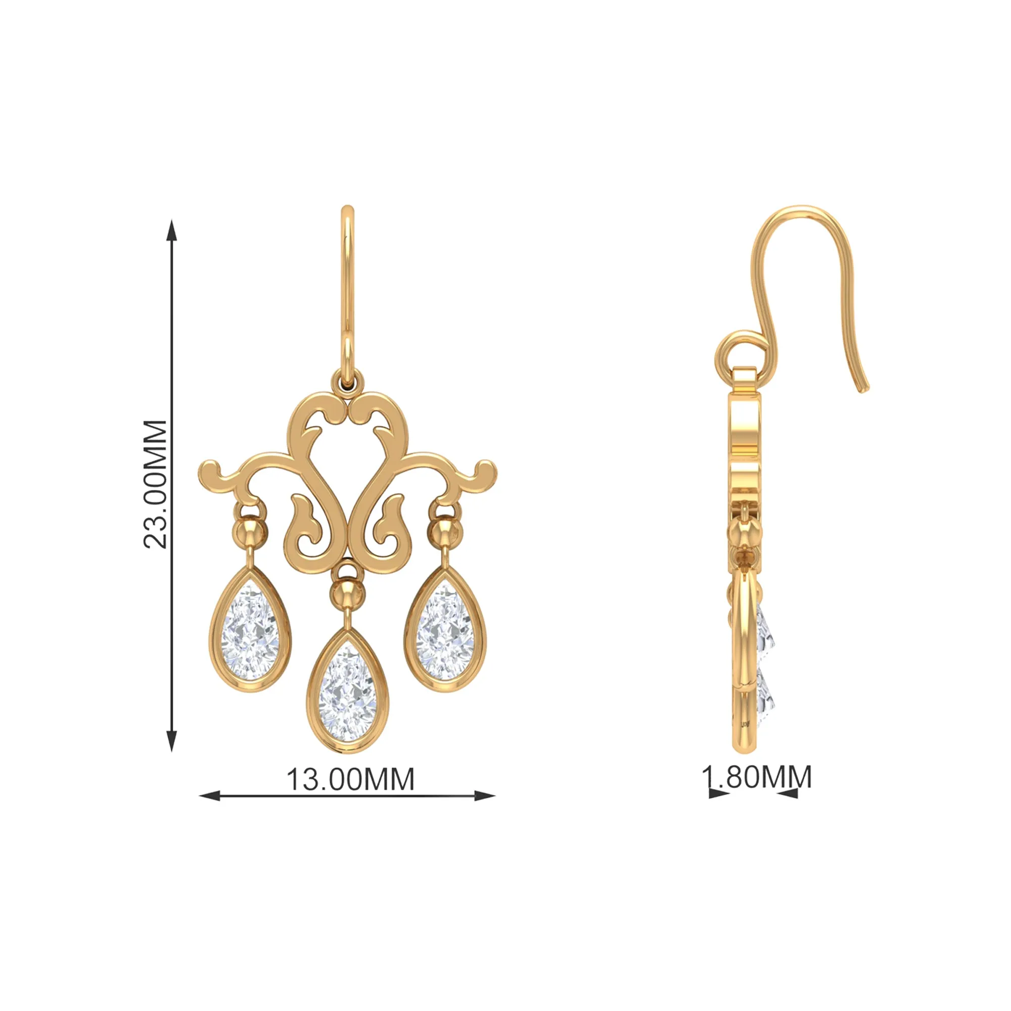 Vintage Inspired Pear Shape Zircon Dangle Earrings in Gold