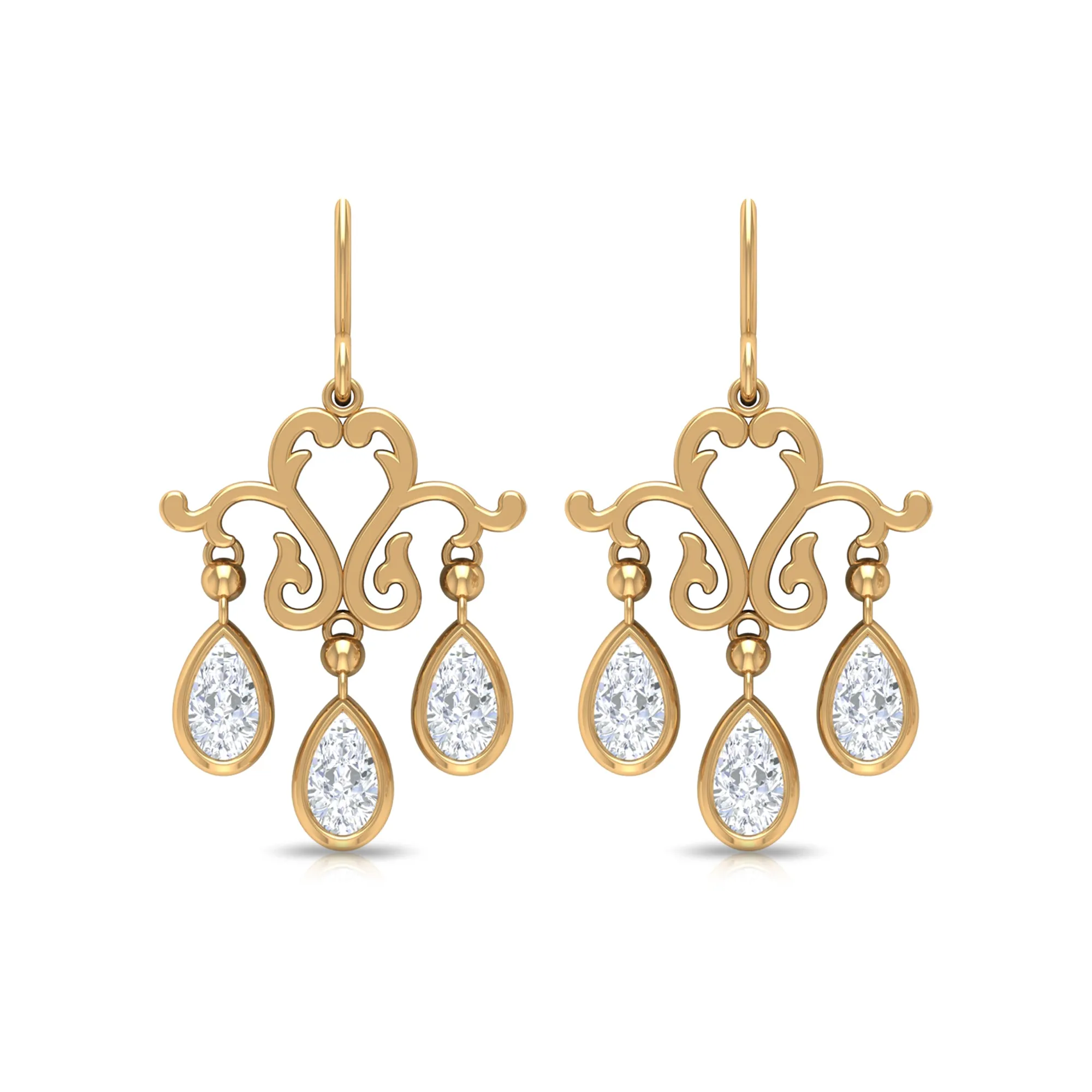 Vintage Inspired Pear Shape Zircon Dangle Earrings in Gold