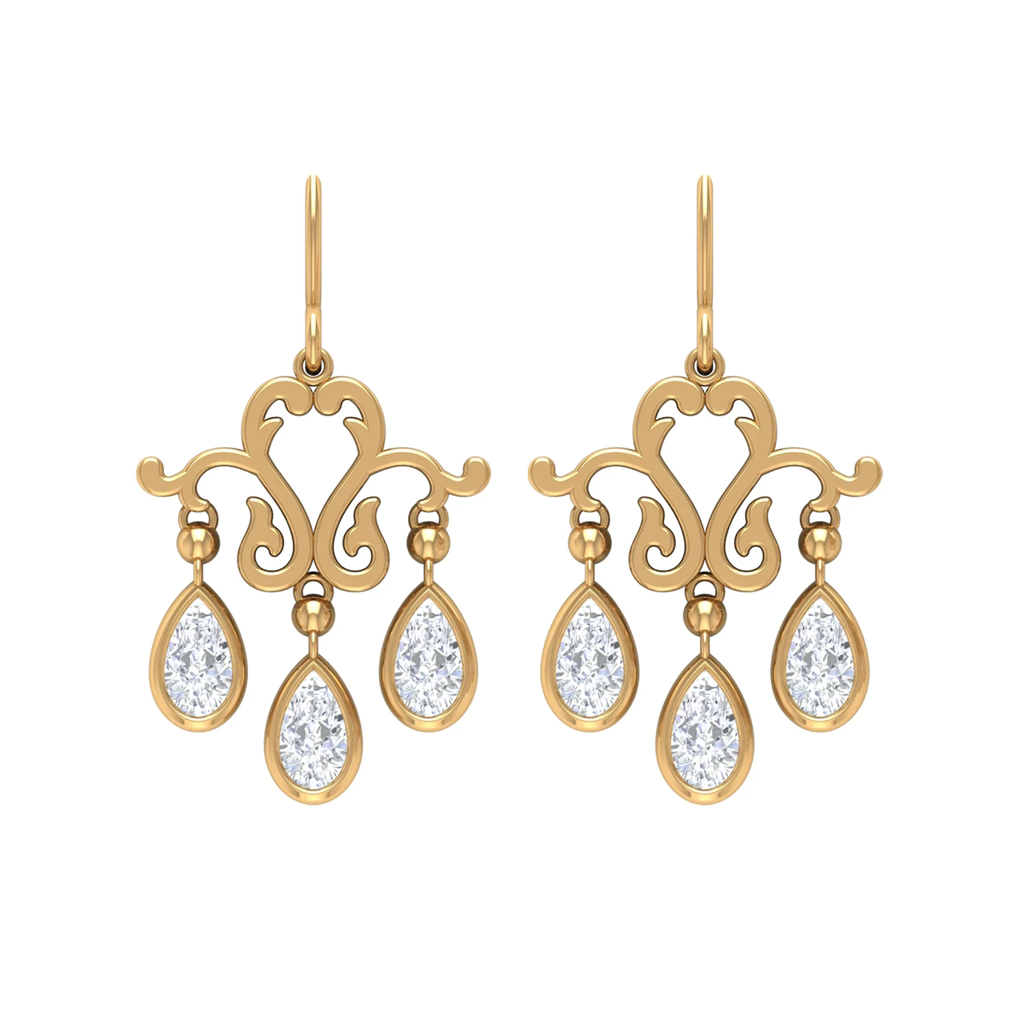 Vintage Inspired Pear Shape Zircon Dangle Earrings in Gold