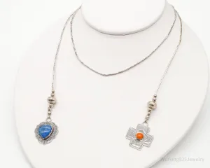 Vintage Native American CJC Coral Lapis Lazuli Sterling Silver Necklace 38"